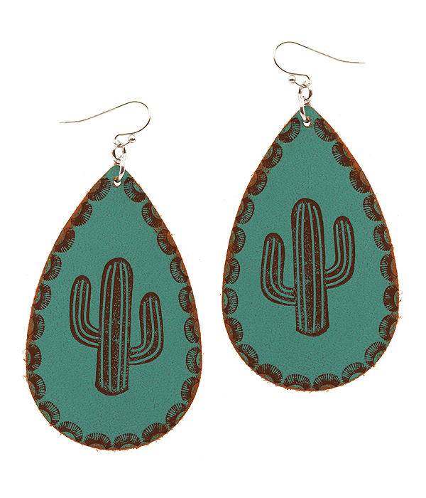 Leather textured cactus teardrop earring