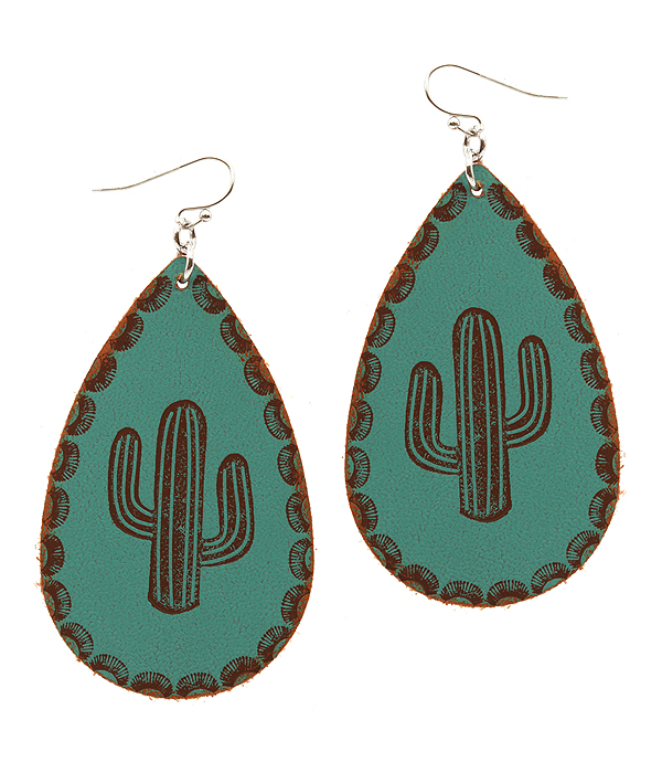 LEATHER TEXTURED CACTUS TEARDROP EARRING