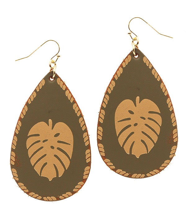 Leather textured monstera leaf teardrop earring