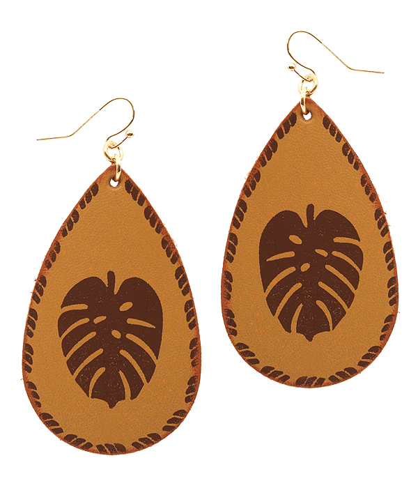 Leather textured monstera leaf teardrop earring