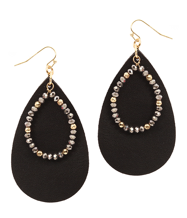 GLASS BEAD AND LEATHER TEXTURED TEARDROP EARRING