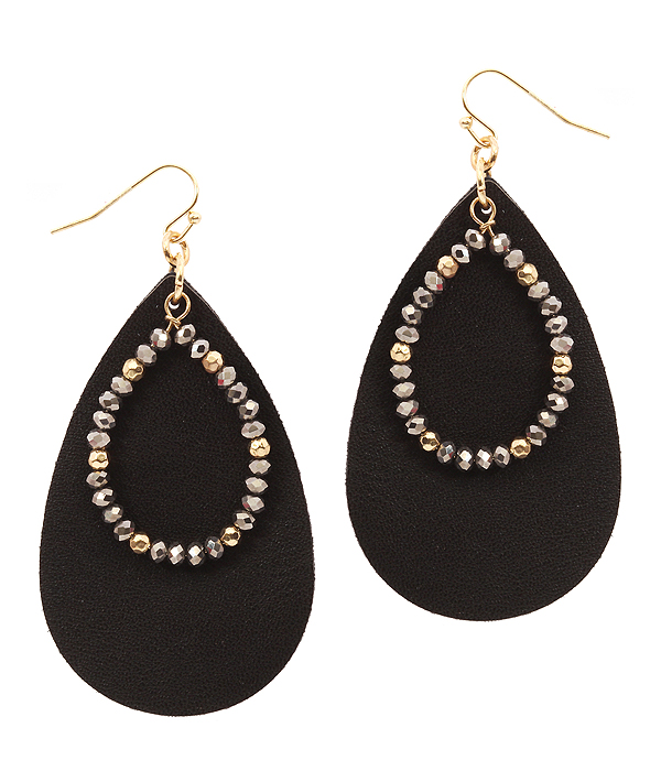 Glass bead and leather textured teardrop earring