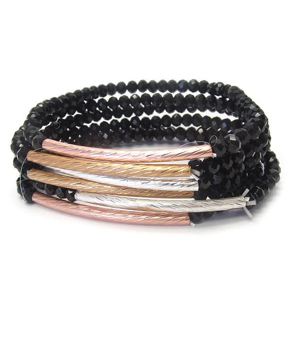 Metal tube and facet bead 6 stretch bracelet set