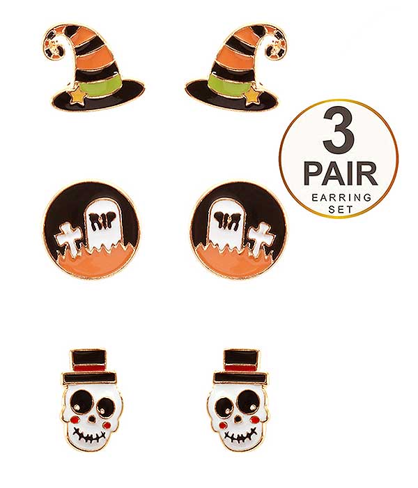 HALLOWEEN THEME 3 PAIR EARRING SET - WITCH HAT AND RIP