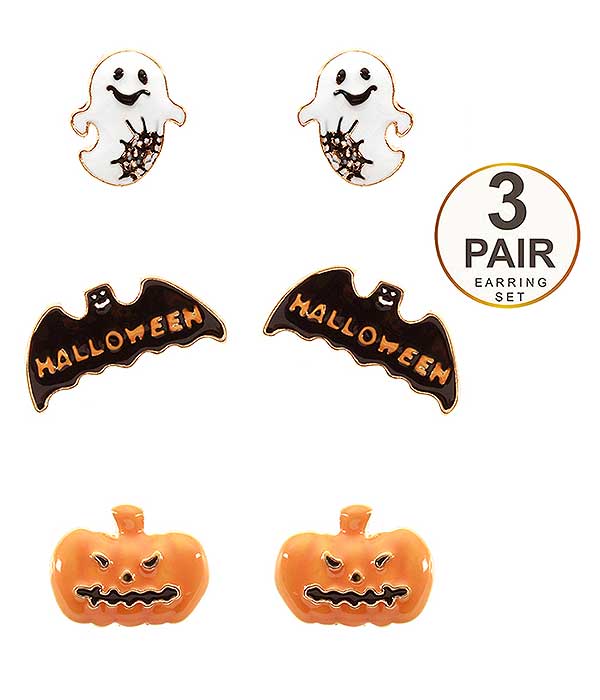 HALLOWEEN THEME 3 PAIR EARRING SET - PUMPKIN CHOST AND BAT