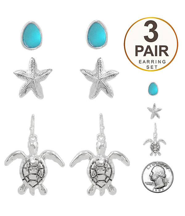 3 pair starfish turtle earring set