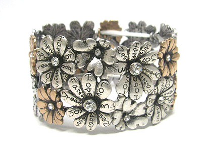 Crystal stud two tone metal flower stretch bracelet