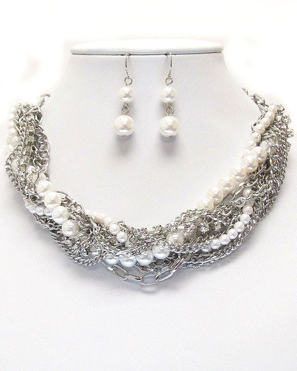 Multi metal crystal and pearl chain mix twist necklace earring set