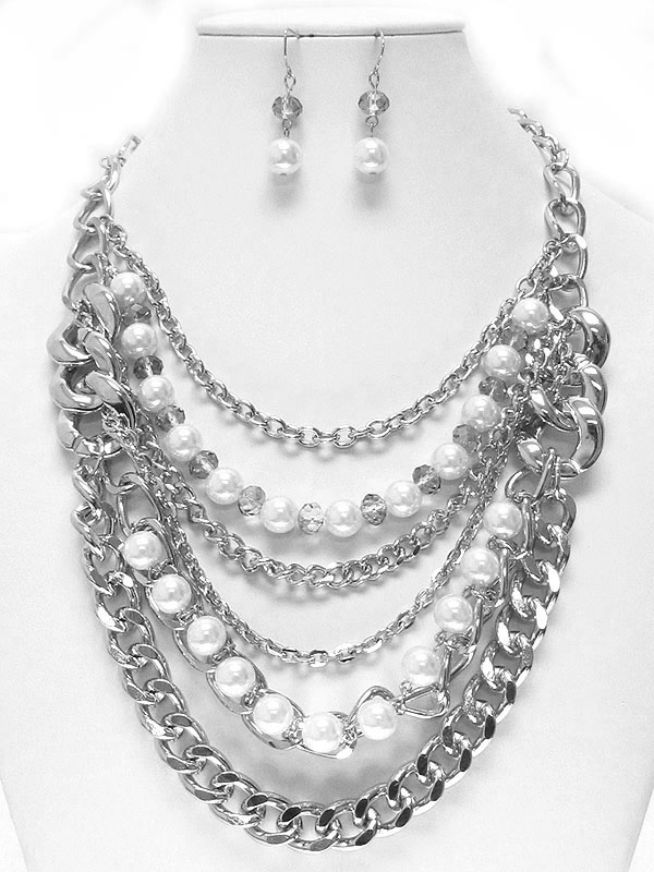 Multi metal and pearl chain mix necklace earring set