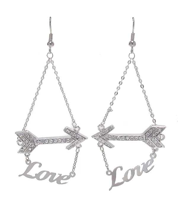 WHITEGOLD PLATING CRYSTAL LOVE ARROW  HANGING DROP EARRING