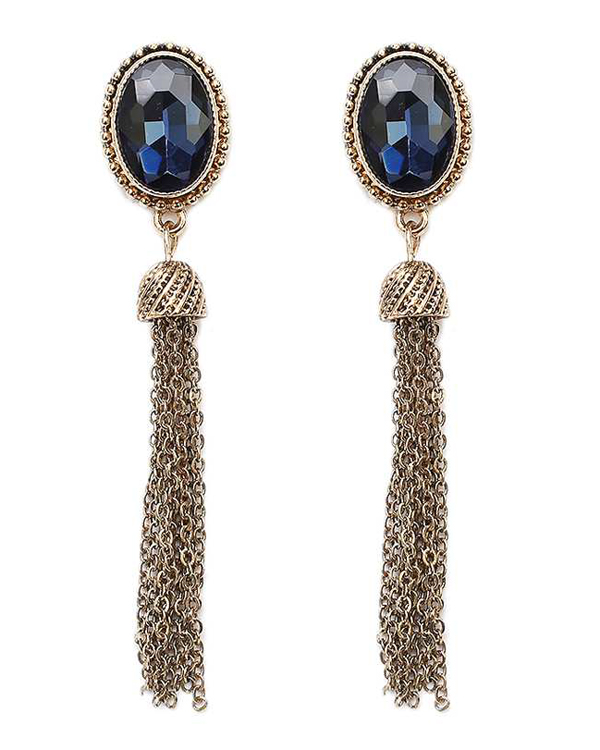 OVAL FACET GLASS AND FINE CHAIN TASSEL DROP EARRING