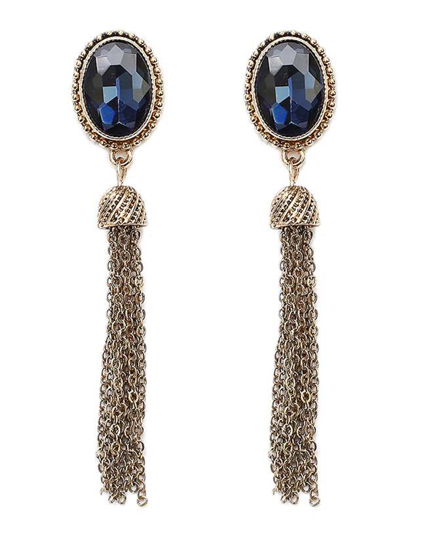 Oval facet glass and fine chain tassel drop earring