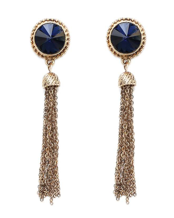 ROUND FACET GLASS AND FINE CHAIN TASSEL DROP EARRING
