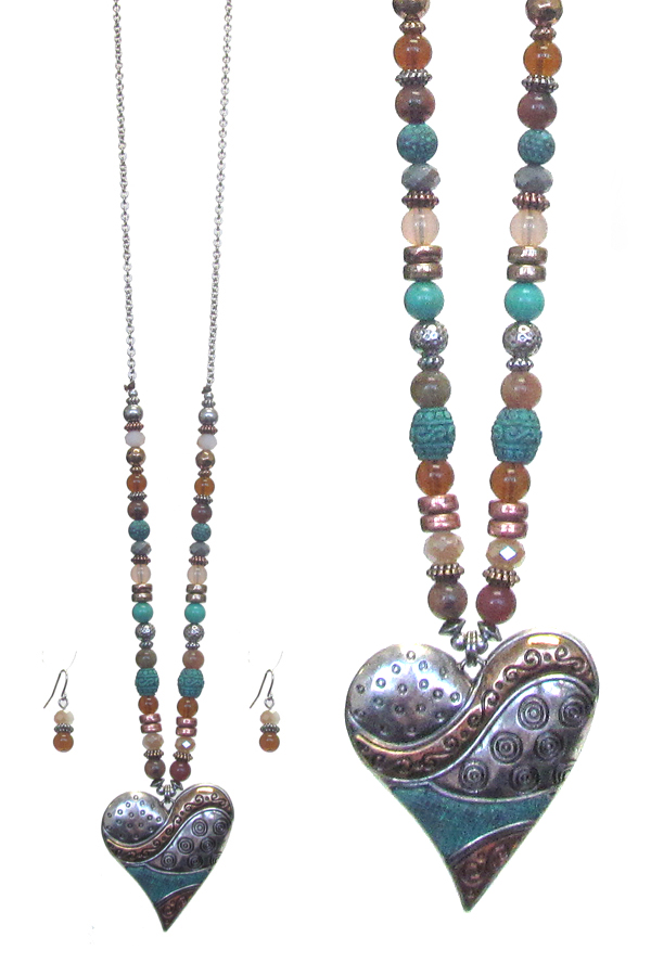 Vintage metal textured heart pendant and multi bead mix long necklace set
