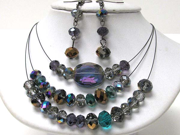 FACET GLASS AND TRIPLE WIRED ILLUSION NECKLACE EARRING SET