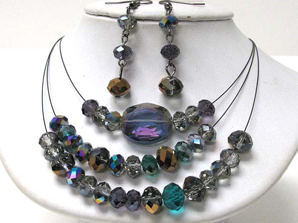 Facet glass and triple wired illusion necklace earring set