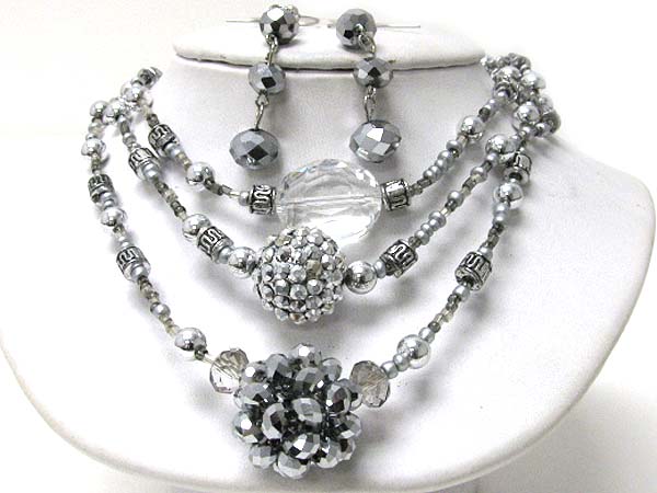 Crystal ball deco past present future three layered necklace earring set