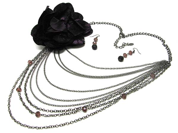 Large fabric flower and multi chain drop corsage necklace earring set