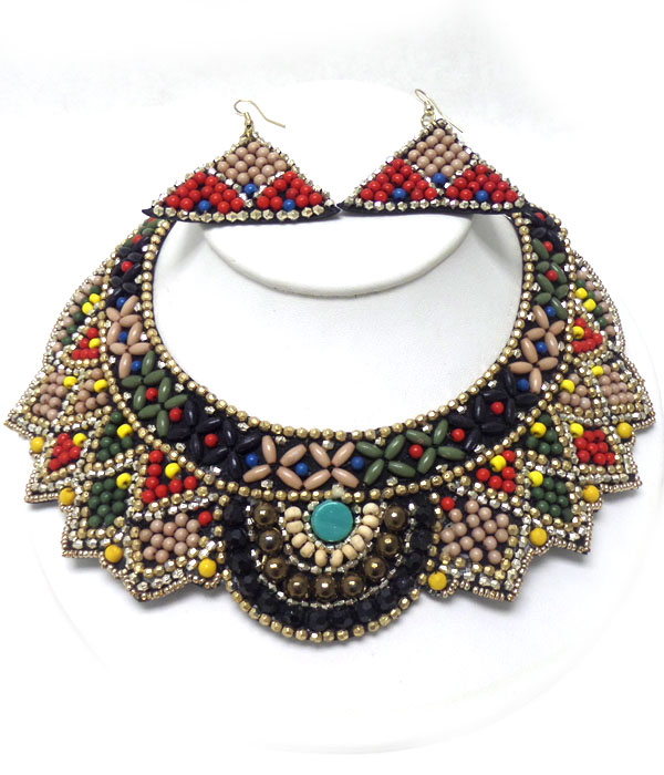 Multi seed beads hand made bib necklace set