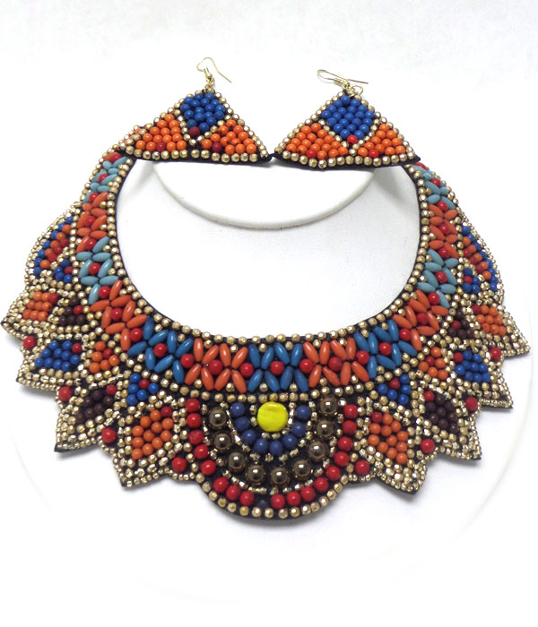 Multi seed beads hand made bib necklace set