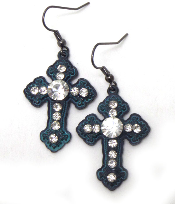 Vintage patina cross with crystal hook earrings 