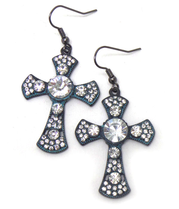 Vintage patina cross with crystal hook earrings 