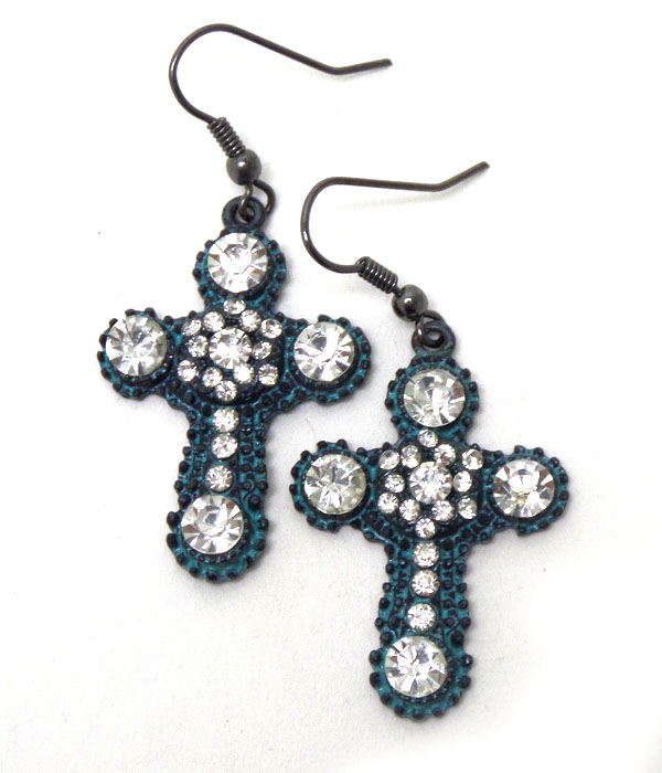 Vintage patina cross with crystal hook earrings 