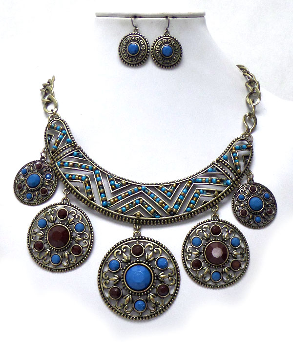 Vintage large bib and metal disks with beads necklace set