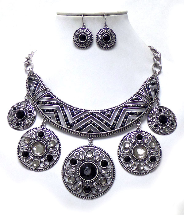 Vintage large bib and metal disks with beads necklace set
