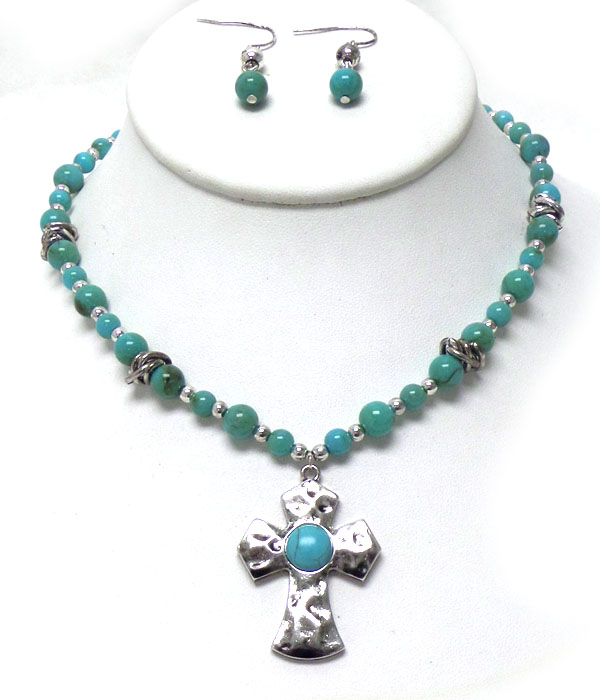 Turquoise beads with metal cross necklace set 