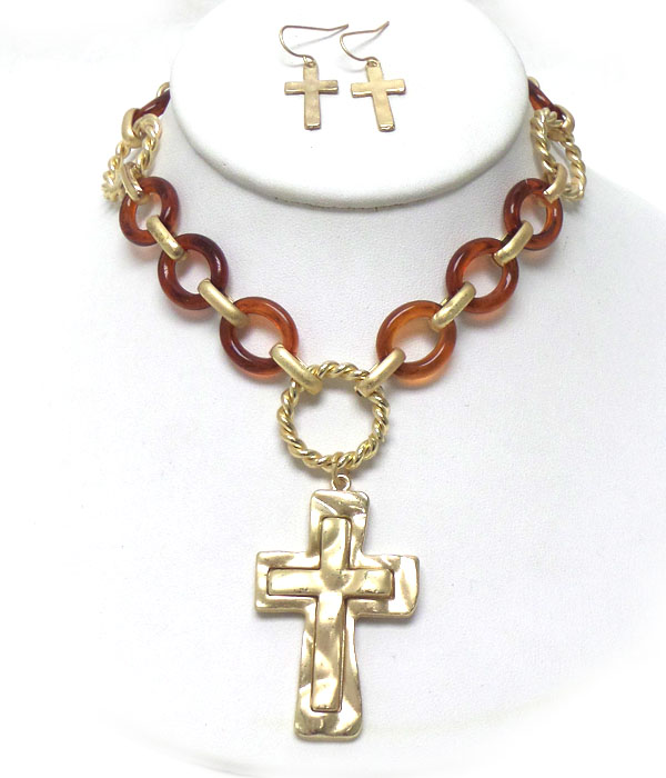 Round sisks lin ked with metal cross necklace set 