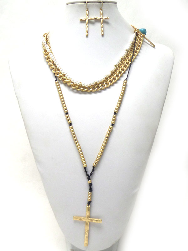 LAYERS OF CHAIN AND PEARLS WITH CROSS NECKLACE SET
