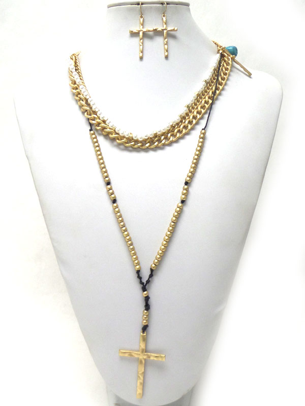 Layers of chain and pearls with cross necklace set