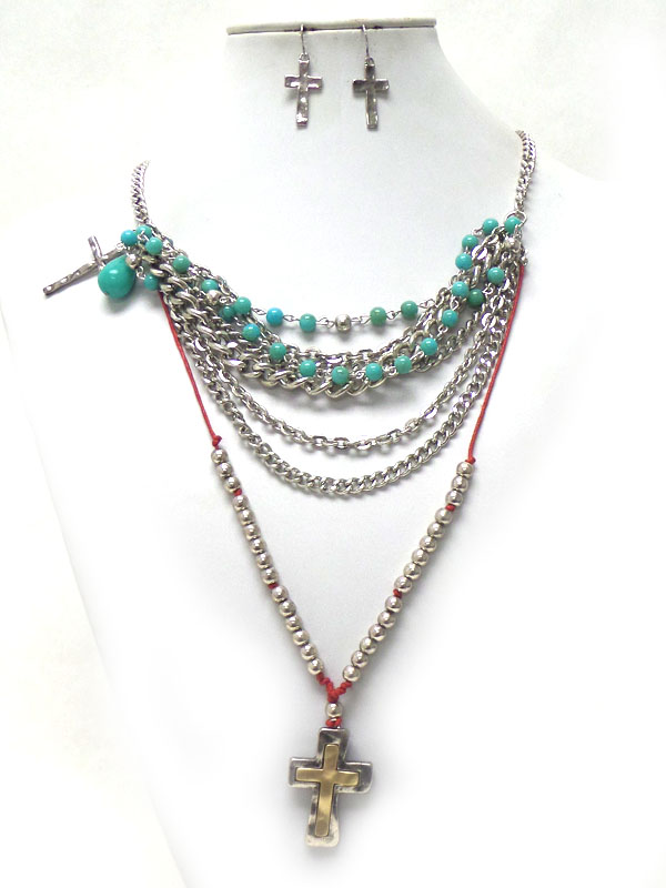 Layers of chain and beads  with cross necklace set