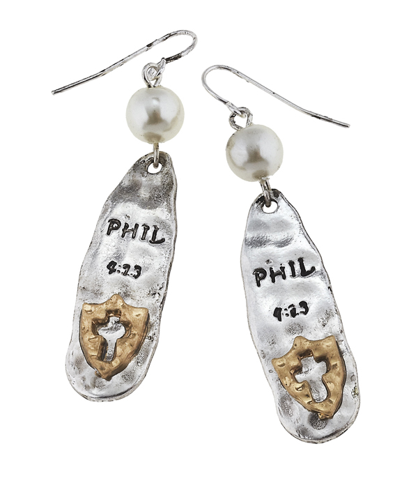 Handmade religious inspiration pearl and shield earring