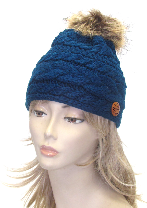 Fur top and button side knit winter hat