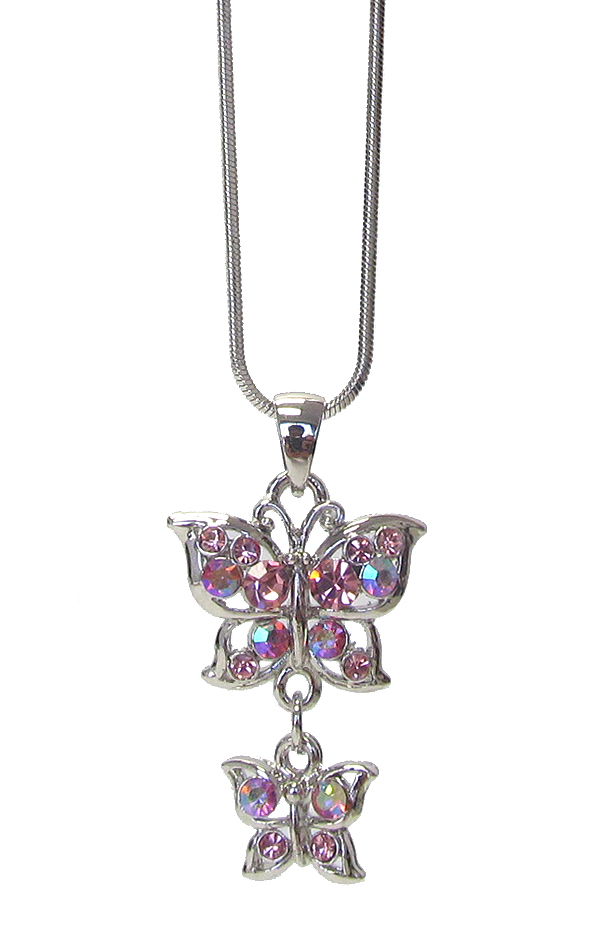 WHITEGOLD PLATING CRYSTAL DOUBLE BUTTERFLY PENDANT NECKLACE