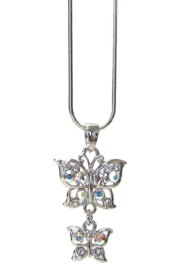 Made in korea whitegold plating crystal double butterfly pendant necklace