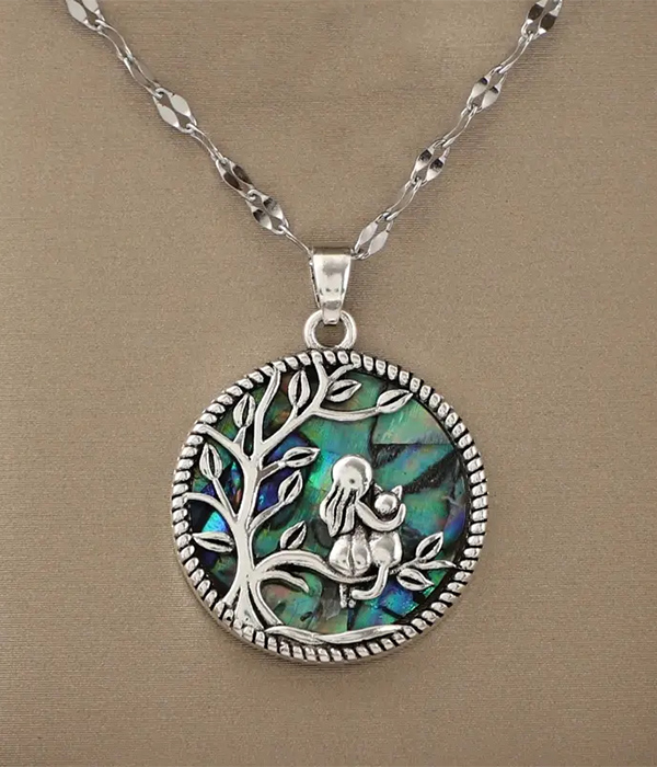 Girl and cat on tree abalone pendant necklace
