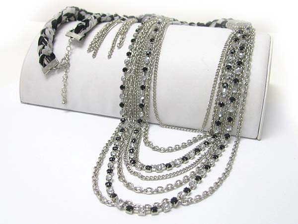 Multi line crystal and metal chain braided fabric back long necklace earring set