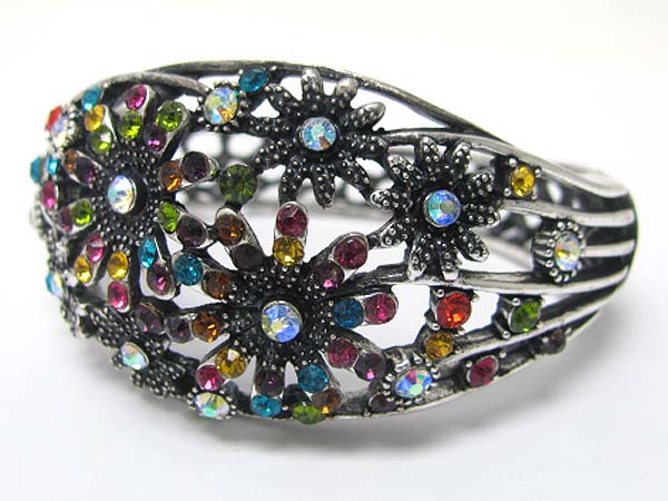Crystal stud metal flower deco hinge bangle