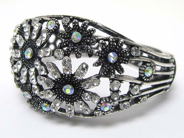 Crystal stud metal flower deco hinge bangle