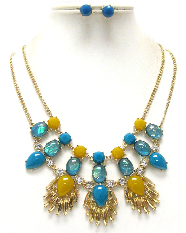 CRYSTAL AND PUFFY ACRYLIC STONE DECO COCKTAIL NECKLACE EARRING SET - SHOUROUK INSPIRED