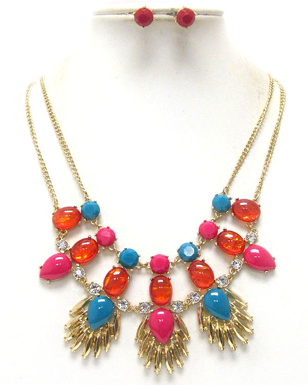 CRYSTAL AND PUFFY ACRYLIC STONE DECO COCKTAIL NECKLACE EARRING SET - SHOUROUK INSPIRED