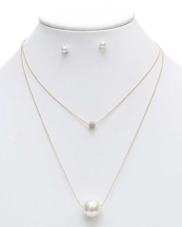 Crystal ball and glass pearl double layer necklac set