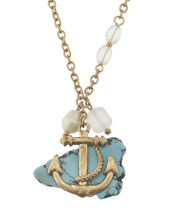 Turquoise and frost glass anchor pendant necklace