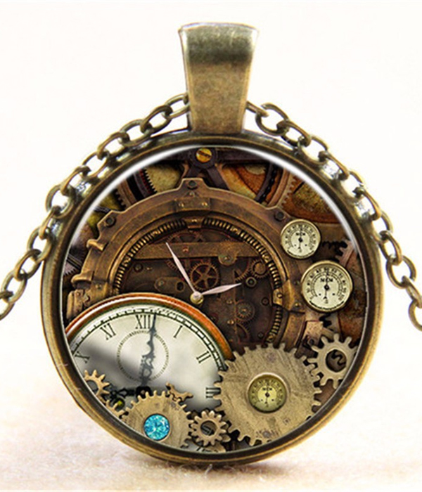 Retro vintage steampunk mechanical watch cabochon necklace