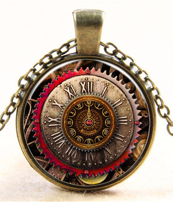 Retro vintage steampunk mechanical watch cabochon necklace