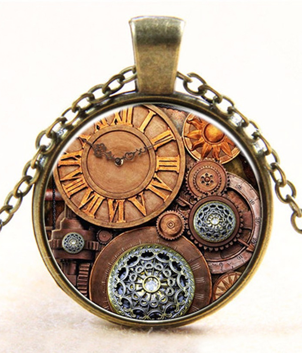 Retro vintage steampunk mechanical watch cabochon necklace