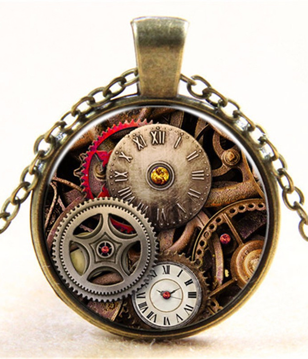 Retro vintage steampunk mechanical watch cabochon necklace
